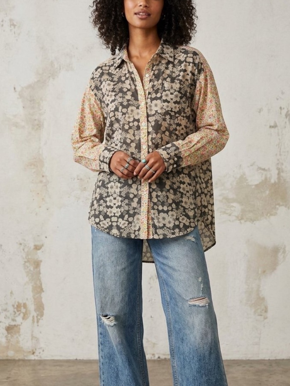 NATURAL LIFE Boho Floral Mixed Print Button-Down Shirt Lightweight 100% Cotton